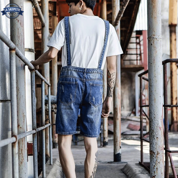 Latzhose Short Denim Washed Blue Mann