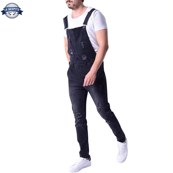 Schwarze Jeans-Latzhose mit Loch