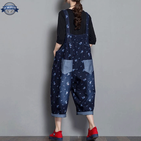 Blaue Jeanslatzhose mit Blumenmuster